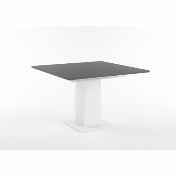 Set One Atlanta-System Esstisch Tischplatte quadratisch Dekor Schwarzstahl Säule quadratisch Dekor weiß matt schräg