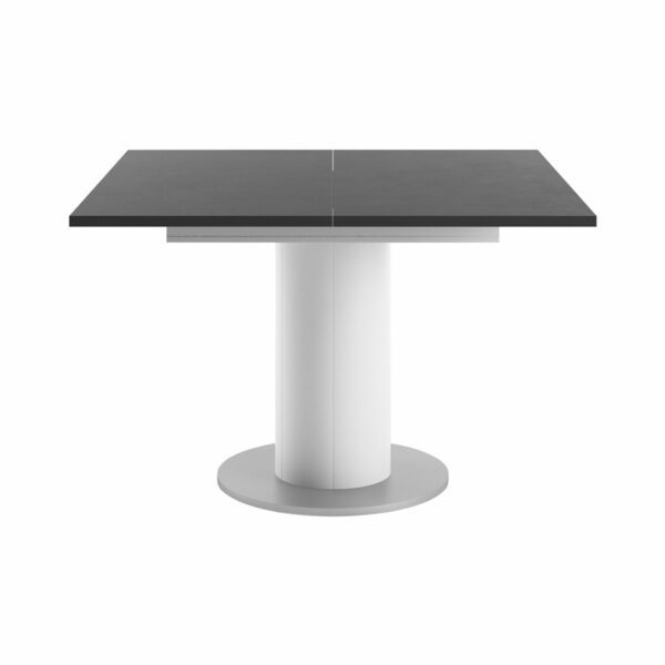 Set One Atlanta-System Esstisch Tischplatte quadratisch Dekor Schwarzstahl Säule rund Dekor weiß matt frontal