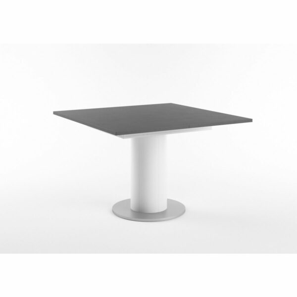 Set One Atlanta-System Esstisch Tischplatte quadratisch Dekor Schwarzstahl Säule rund Dekor weiß matt schräg