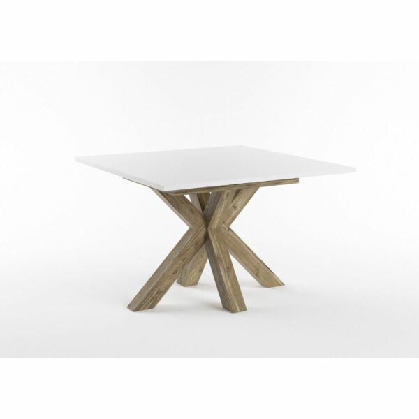 Set One Atlanta-System Esstisch Tischplatte quadratisch Dekor weiß matt Gestell sternförmig Appenzeller Fichte dunkel Holznachbildung schräg