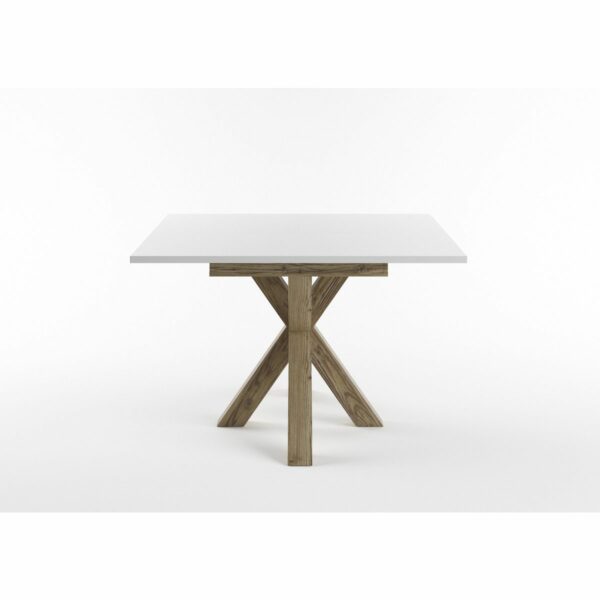 Set One Atlanta-System Esstisch Tischplatte quadratisch Dekor weiß matt Gestell sternförmig Appenzeller Fichte dunkel Holznachbildung seitlich