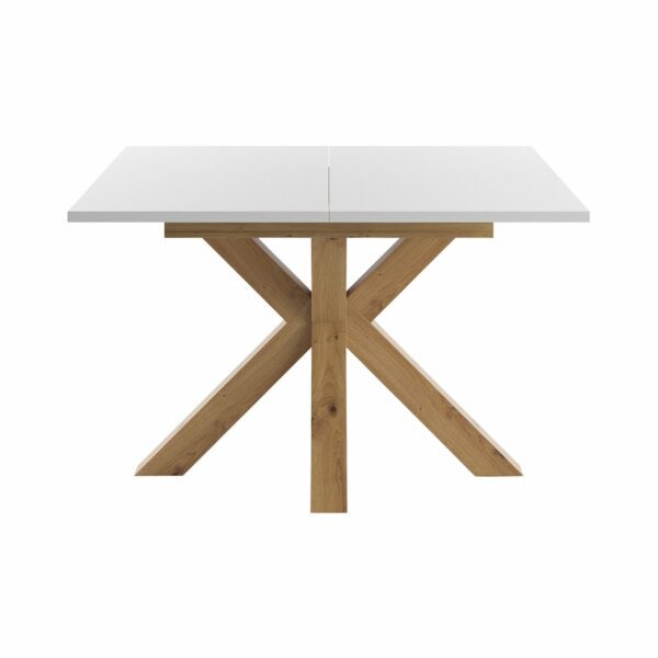 Set One Atlanta-System Esstisch Tischplatte quadratisch Dekor weiß matt Gestell sternförmig Artisan Eiche Holznachbildung frontal