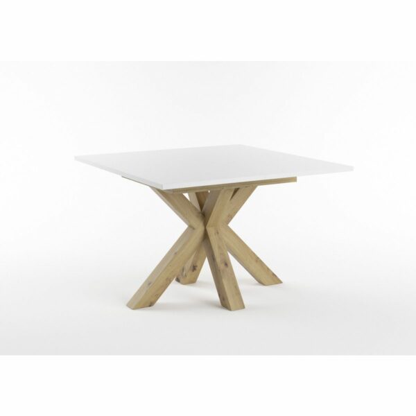 Set One Atlanta-System Esstisch Tischplatte quadratisch Dekor weiß matt Gestell sternförmig Artisan Eiche Holznachbildung schräg