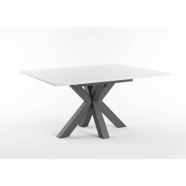 Set One Atlanta-System Esstisch Tischplatte quadratisch Dekor weiß matt Gestell sternförmig Dekor Schwarzstahl ausgezogen