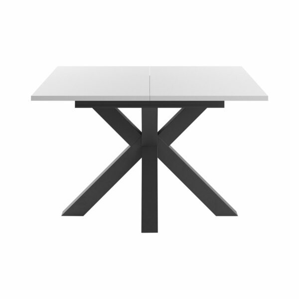 Set One Atlanta-System Esstisch Tischplatte quadratisch Dekor weiß matt Gestell sternförmig Dekor Schwarzstahl frontal