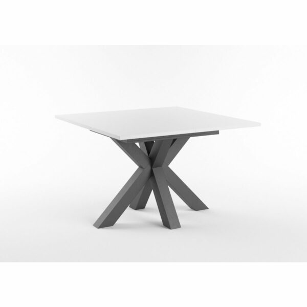 Set One Atlanta-System Esstisch Tischplatte quadratisch Dekor weiß matt Gestell sternförmig Dekor Schwarzstahl schräg