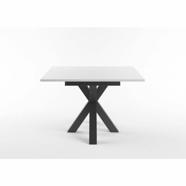 Set One Atlanta-System Esstisch Tischplatte quadratisch Dekor weiß matt Gestell sternförmig Dekor Schwarzstahl seitlich