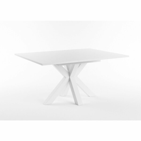 Set One Atlanta-System Esstisch Tischplatte quadratisch Dekor weiß matt Gestell sternförmig Dekor weiß matt ausgezogen