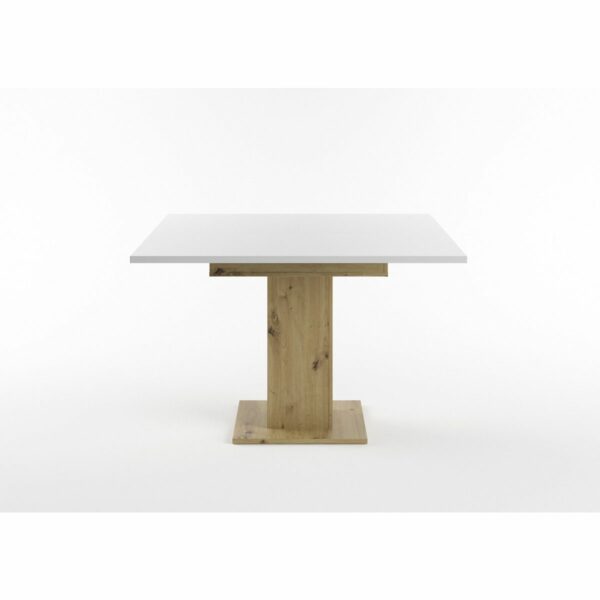 Set One Atlanta-System Esstisch Tischplatte quadratisch Dekor weiß matt Säule quadratisch Artisan Eiche Holznachbildung seitlich