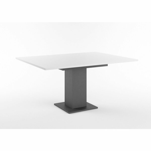 Set One Atlanta-System Esstisch Tischplatte quadratisch Dekor weiß matt Säule quadratisch Dekor Schwarzstahl ausgezogen