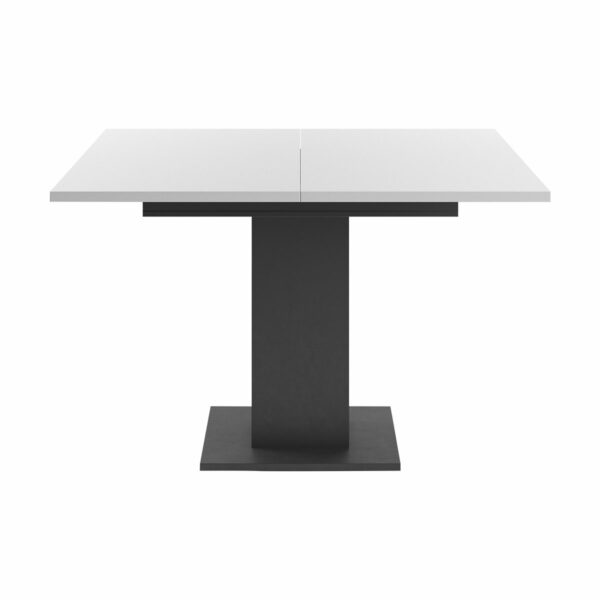 Set One Atlanta-System Esstisch Tischplatte quadratisch Dekor weiß matt Säule quadratisch Dekor Schwarzstahl frontal