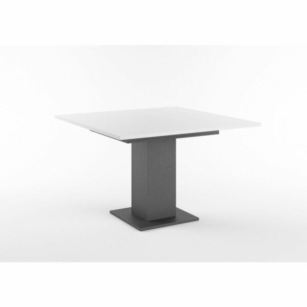 Set One Atlanta-System Esstisch Tischplatte quadratisch Dekor weiß matt Säule quadratisch Dekor Schwarzstahl schräg