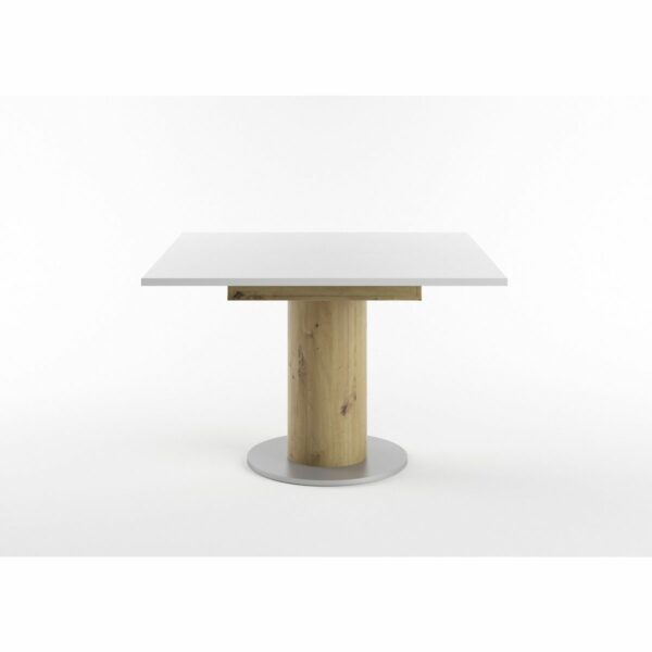 Set One Atlanta-System Esstisch Tischplatte quadratisch Dekor weiß matt Säule rund Artisan Eiche Holznachbildung seitlich