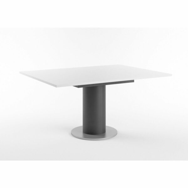 Set One Atlanta-System Esstisch Tischplatte quadratisch Dekor weiß matt Säule rund Dekor Schwarzstahl ausgezogen