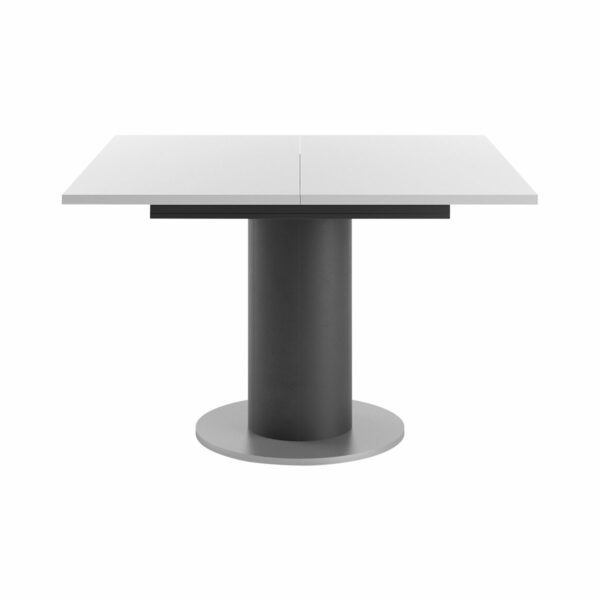 Set One Atlanta-System Esstisch Tischplatte quadratisch Dekor weiß matt Säule rund Dekor Schwarzstahl frontal