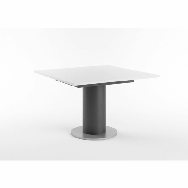 Set One Atlanta-System Esstisch Tischplatte quadratisch Dekor weiß matt Säule rund Dekor Schwarzstahl schräg