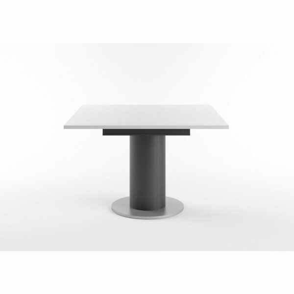 Set One Atlanta-System Esstisch Tischplatte quadratisch Dekor weiß matt Säule rund Dekor Schwarzstahl seitlich