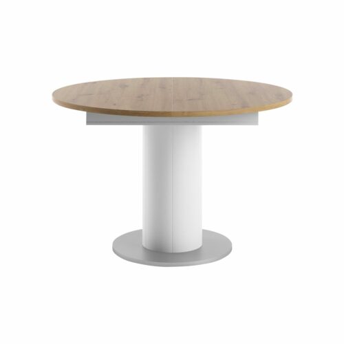Set One Atlanta-System Esstisch Tischplatte rund Artisan Eiche Nachbildung Säule rund Dekor weiß matt frontal