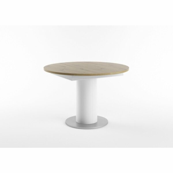 Set One Atlanta-System Esstisch Tischplatte rund Artisan Eiche Nachbildung Säule rund Dekor weiß matt schräg