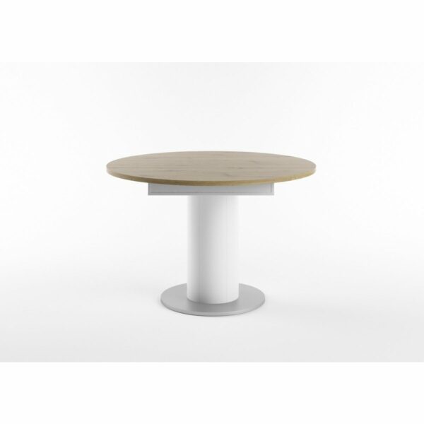 Set One Atlanta-System Esstisch Tischplatte rund Artisan Eiche Nachbildung Säule rund Dekor weiß matt seitlich