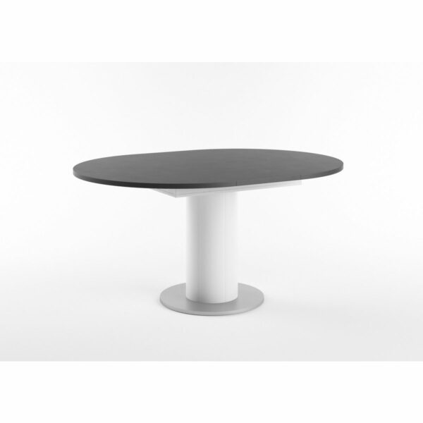 Set One Atlanta-System Esstisch Tischplatte rund Dekor Schwarzstahl Säule rund Dekor weiß matt ausgezogen