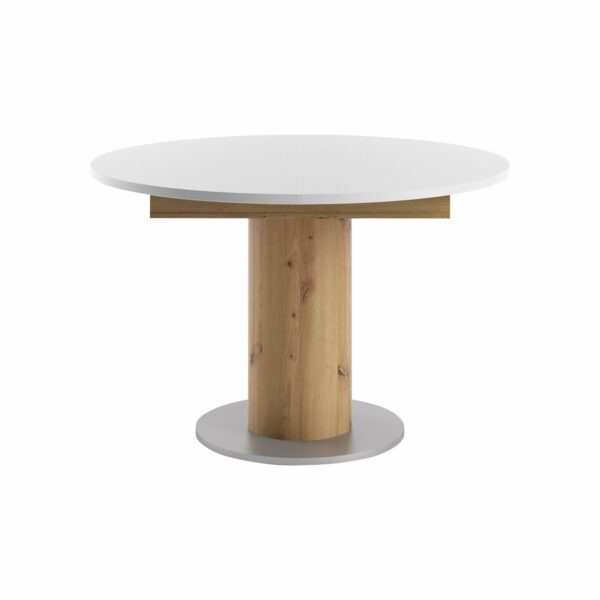 Set One Atlanta-System Esstisch Tischplatte rund Dekor weiß matt Säule rund Artisan Eiche Nachbildung frontal