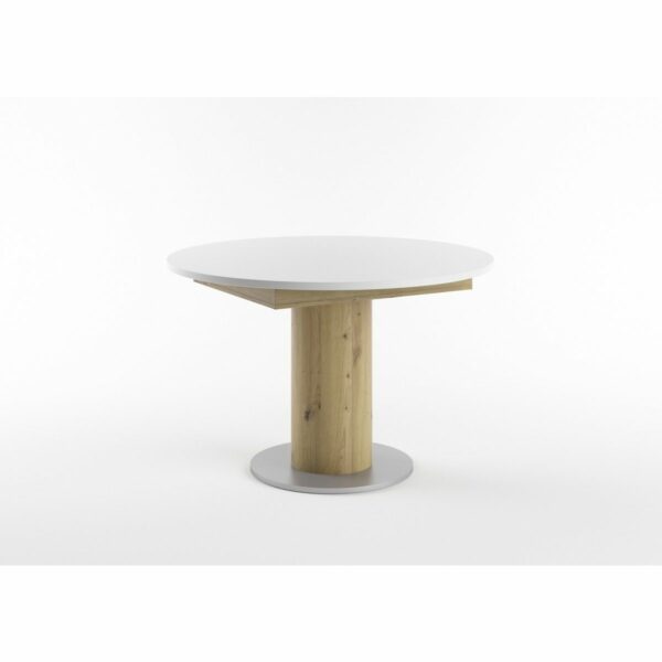 Set One Atlanta-System Esstisch Tischplatte rund Dekor weiß matt Säule rund Artisan Eiche Nachbildung schräg