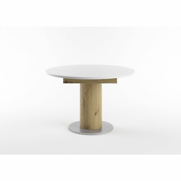 Set One Atlanta-System Esstisch Tischplatte rund Dekor weiß matt Säule rund Artisan Eiche Nachbildung seitlich