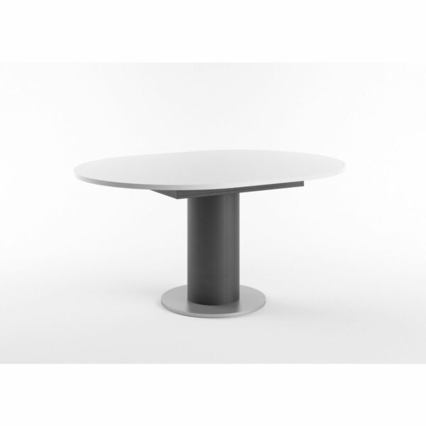 Set One Atlanta-System Esstisch Tischplatte rund Dekor weiß matt Säule rund Dekor Schwarzstahl ausgezogen