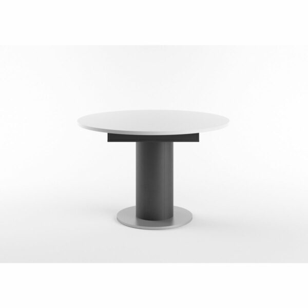 Set One Atlanta-System Esstisch Tischplatte rund Dekor weiß matt Säule rund Dekor Schwarzstahl seitlich