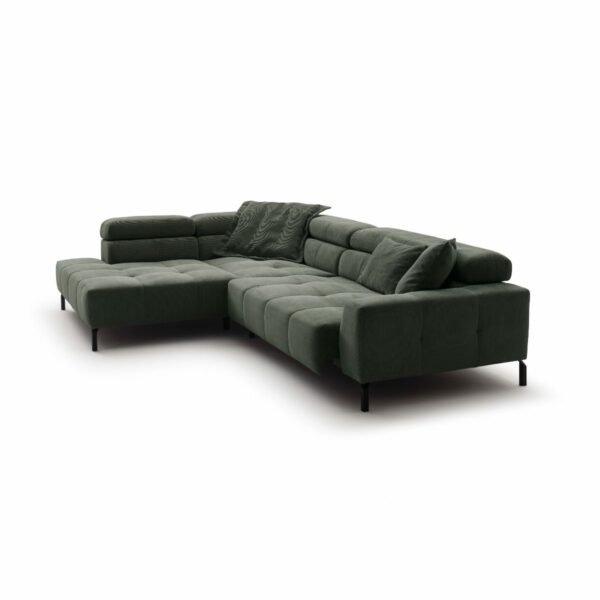 Candy Cleveland Sofa in Bezug Feincord oliv mit Kopfteilverstellung und Sitztiefenverstellung, Ottomane links.
