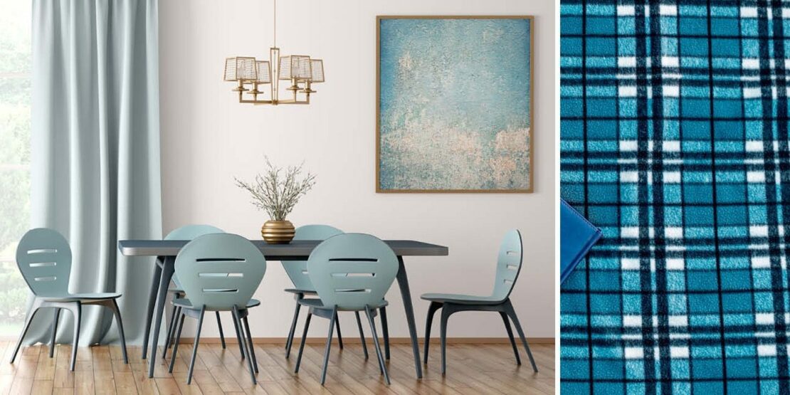 Zwei Fotos zeigen einen Esstisch mit Stühlen in einem in Blau gehaltenen Raum, sowie die Aufnahme eines Stoffs mit einem blauen Karo-Muster