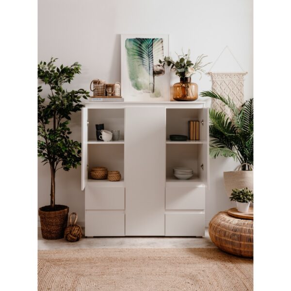 Lidaomo Femie Highboard in Dekor weiß mit drei Türen und vier Schubkästen - Wohnbeispiel offen