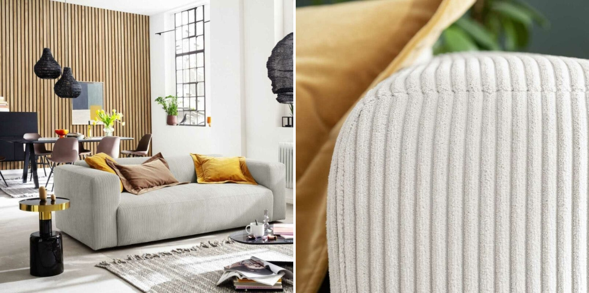 Kuschelige Trendstoffe: Cord, Bouclé und Samt - Cordsofa mit gemütlichen Kissen