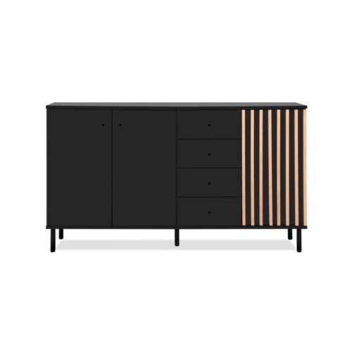 Liadomo Fonza Sideboard mit drei Türen und vier Schubkästen in Deko schwarz mit Lamellen in Eiche Artisan Nachbildung