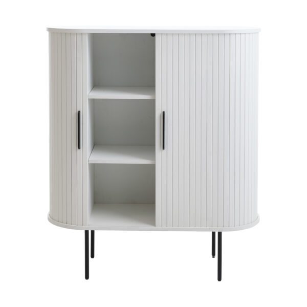 Trendstore Uriel Highboard mit Holzlamellen in Weiß - links geöffnet